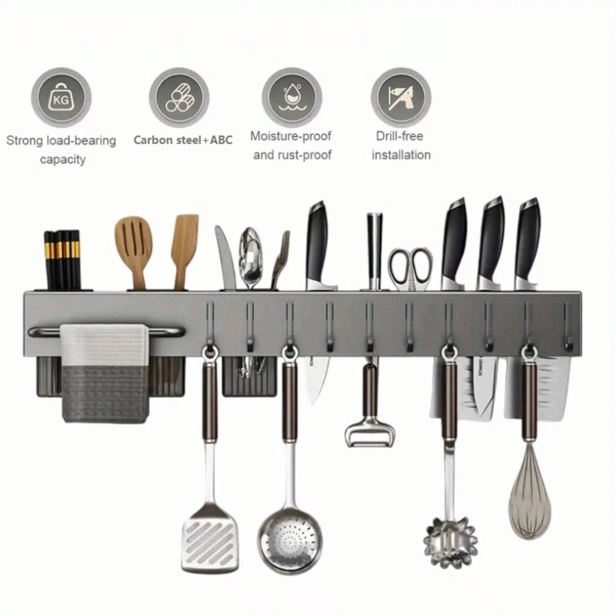 Wall Mounted Kitchen Organizer Carbon Steel No Drill Knife Rack Storage