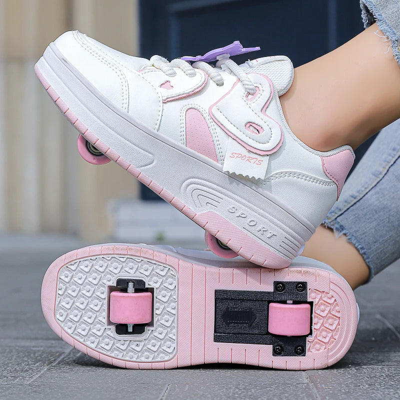 Girls Retractable Two Wheel Roller Skate Shoes Lace Up Breathable Outdoor Sneakers