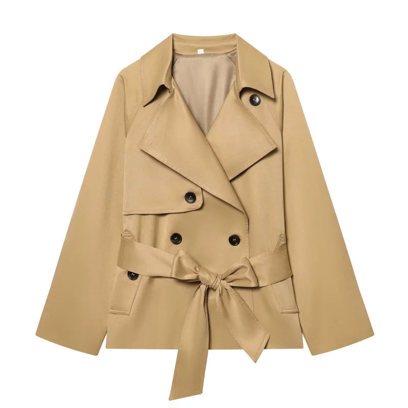 Women Double Breasted Trench Coat British Style Belted Jacket