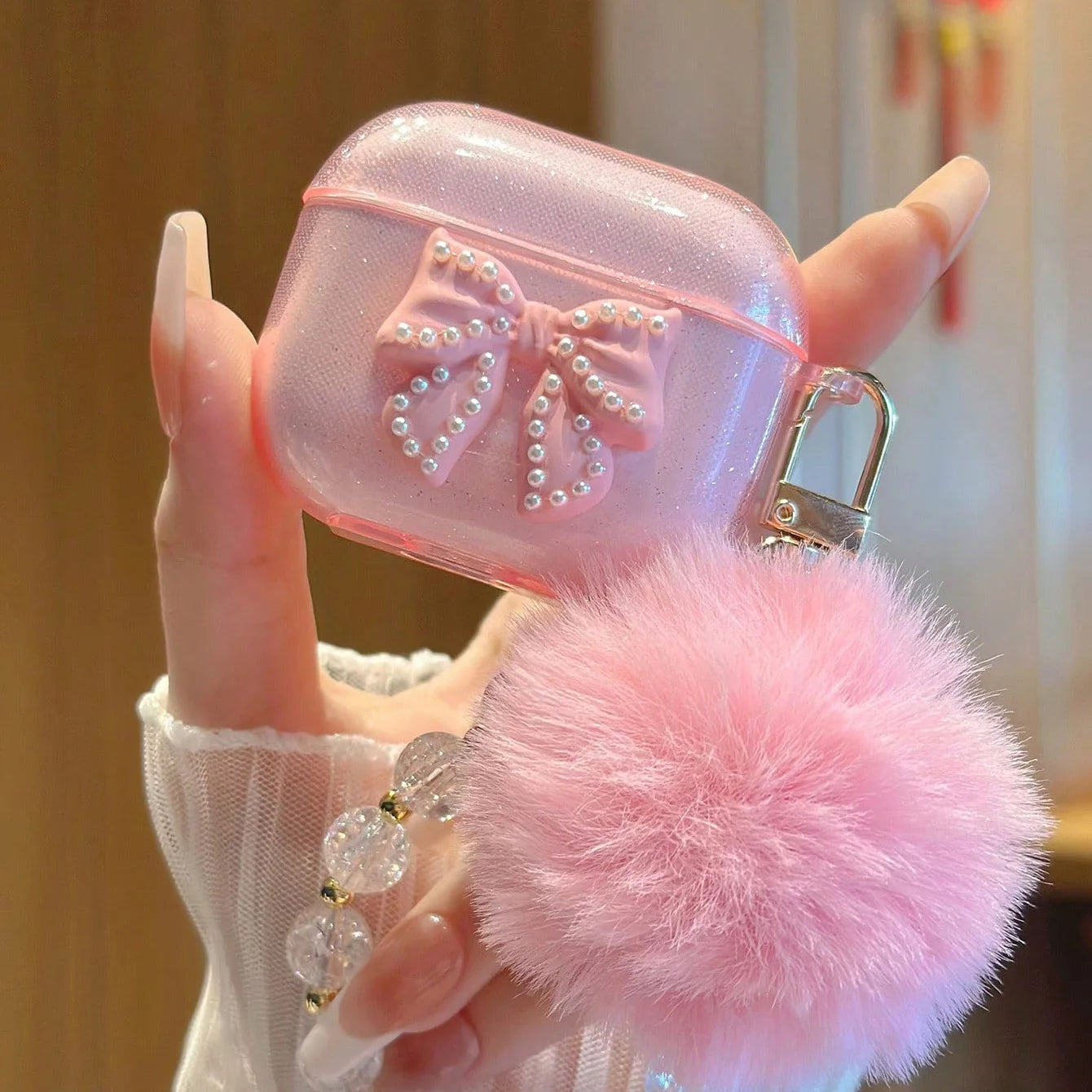 AirPods 1/2/3/4/Pro/Pro 2 Cute Glitter Bow Case with Fur Ball Keychain Protective Cover