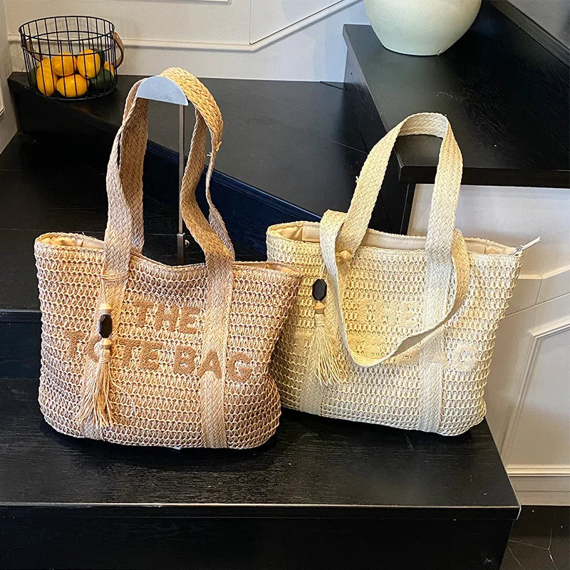 French Style Woven Straw Tote Bag Large Capacity Beach Shoulder Bag