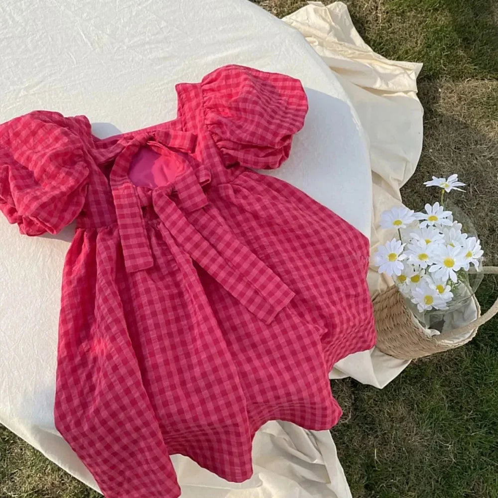 Girls Rose Pink Plaid Bow Midi Dress Princess Party Sundress