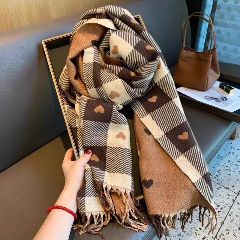 Women Heart Plaid Scarf Thick Winter Blanket Shawl Wrap