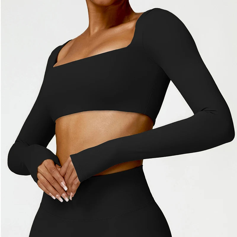 Women Square Neck Long Sleeve Crop Top Quick Dry Yoga Fitness Shirt