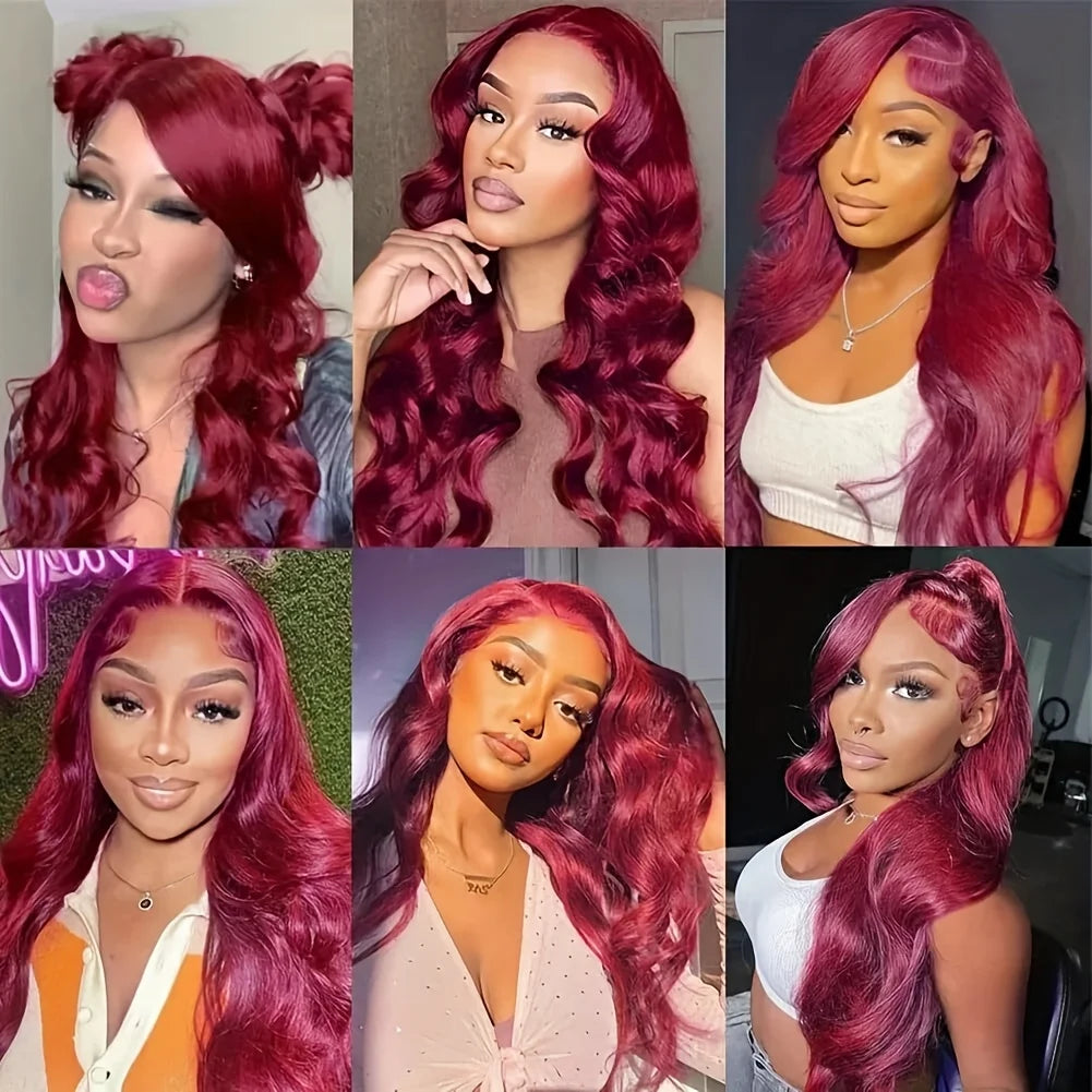 99J Burgundy Body Wave Wig – Long Red Wavy Lace Front Wig 250% Density