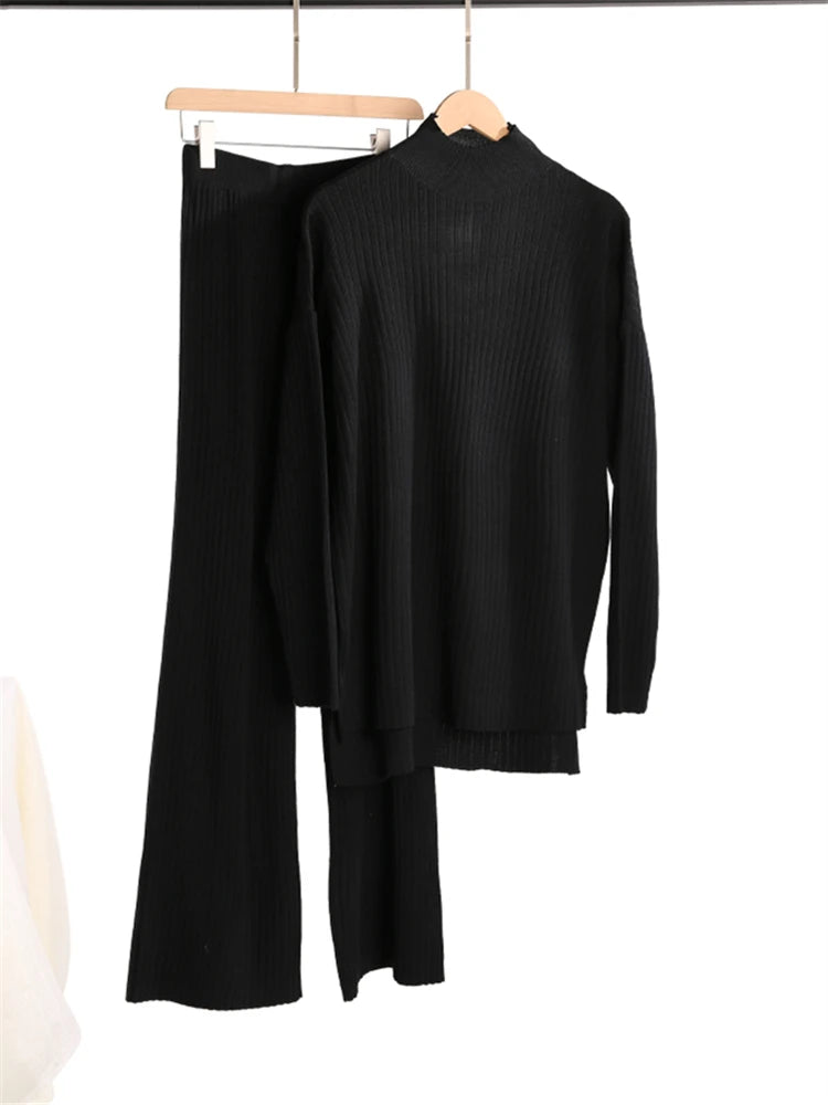 Women Knitted Two Piece Set Turtleneck Sweater and Straight Jogger Pants Winter Tracksuit
