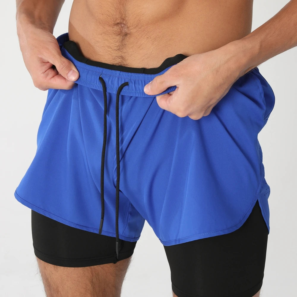 Men 2-in-1 Double Layer Running Shorts Quick Dry Gym Fitness Training Shorts