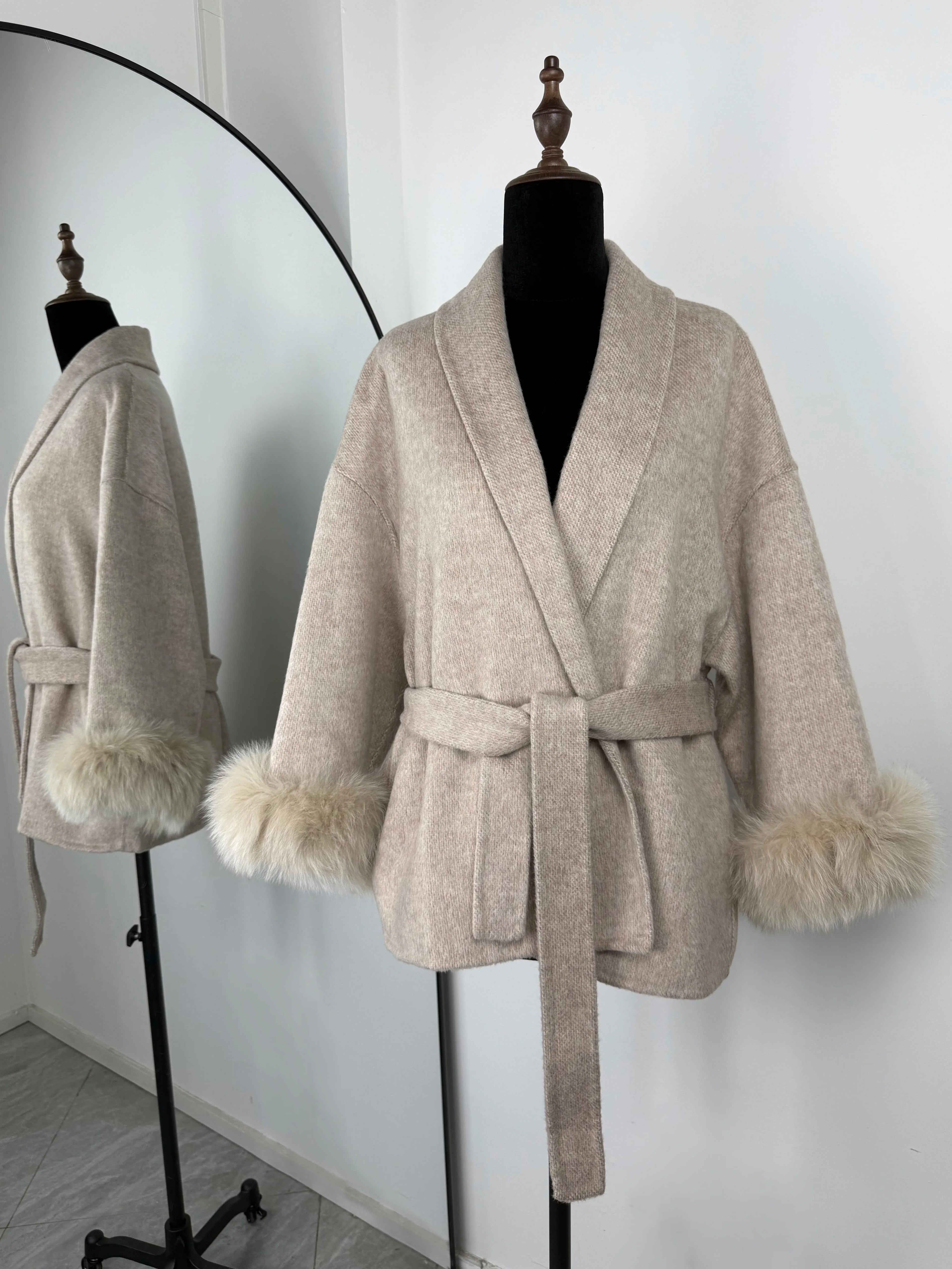 Women Wool Coat Faux Fur Collar Short Double Sided Elegant Jacket