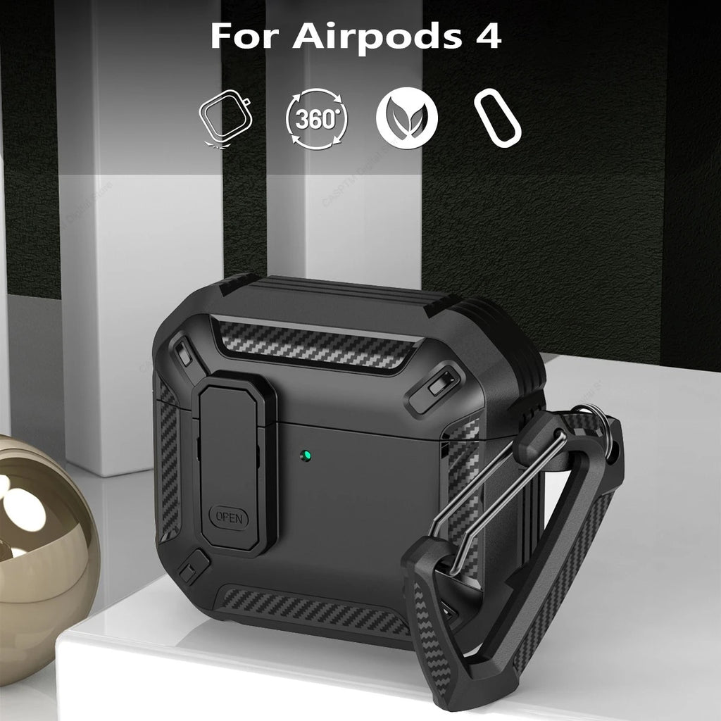 AirPods 4 Rugged Case with Lock Hook Shockproof TPU Protective Cover