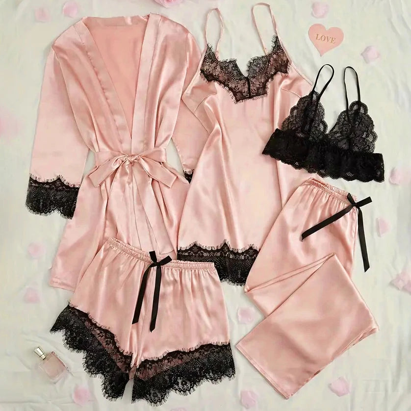 Women’s Pink Satin Pajama Set with Lace Robe Nightdress and Pants