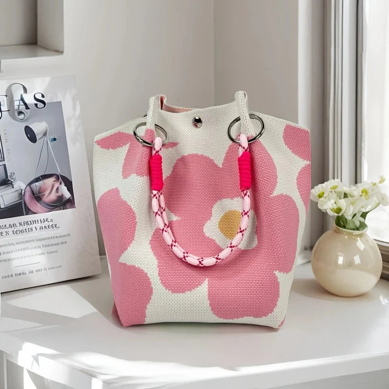 Women Vintage Floral Knit Tote Bag Adjustable Strap