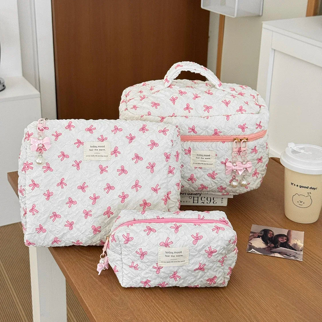 Pink Strawberry Quilted Cosmetic Travel Makeup Storage Bag