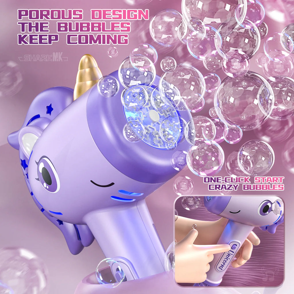 Unicorn Bubble Gun Electric Bubble Machine with Lights Automatic Soap Blower Toy for Kids Party Outdoor Fun