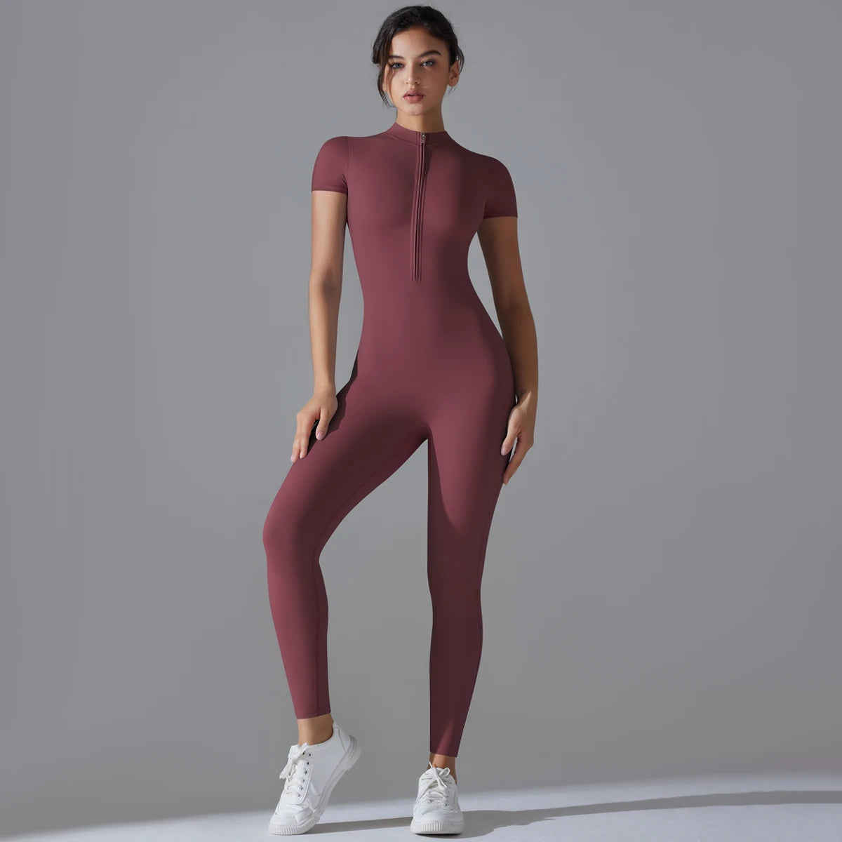 Full Body Gym Jumpsuit Women Short Sleeve Zip Seamless Bodysuit Fitness One Piece Outfit