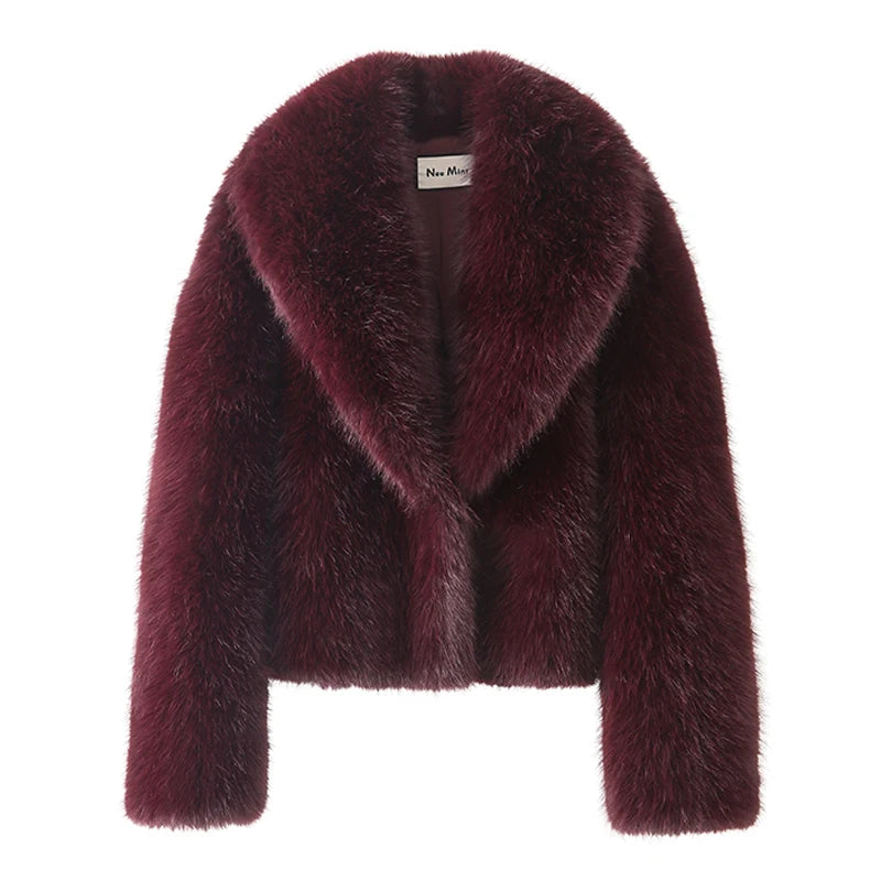 Women Faux Fur Short Coat Shawl Collar Winter Street Fashion Chic Overcoat