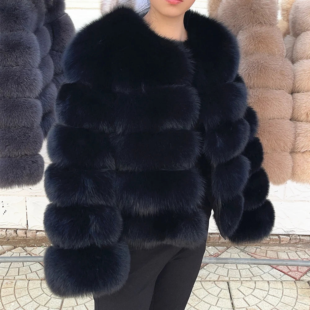 Women Real Fox Fur Winter Coat Brown Leather Jacket
