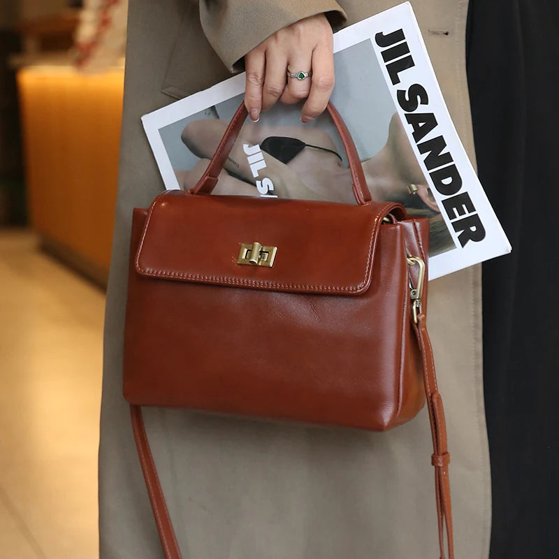 Vintage Genuine Leather Crossbody Bag for Women Top Handle Satchel