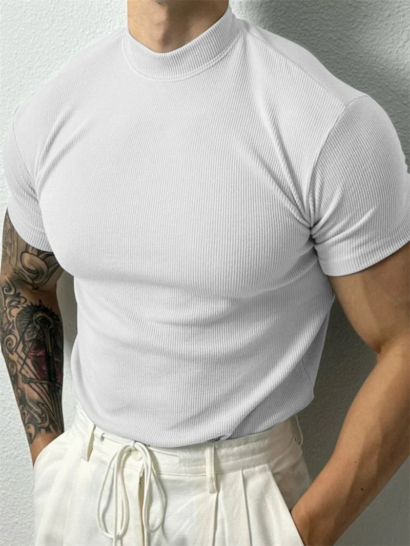Men High Collar Stripe T Shirt Short Sleeve Summer Fitness Sport Casual Top