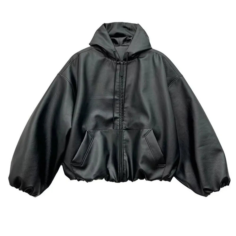 Unisex PU Leather Hooded Windbreaker Jacket Oversized Coat