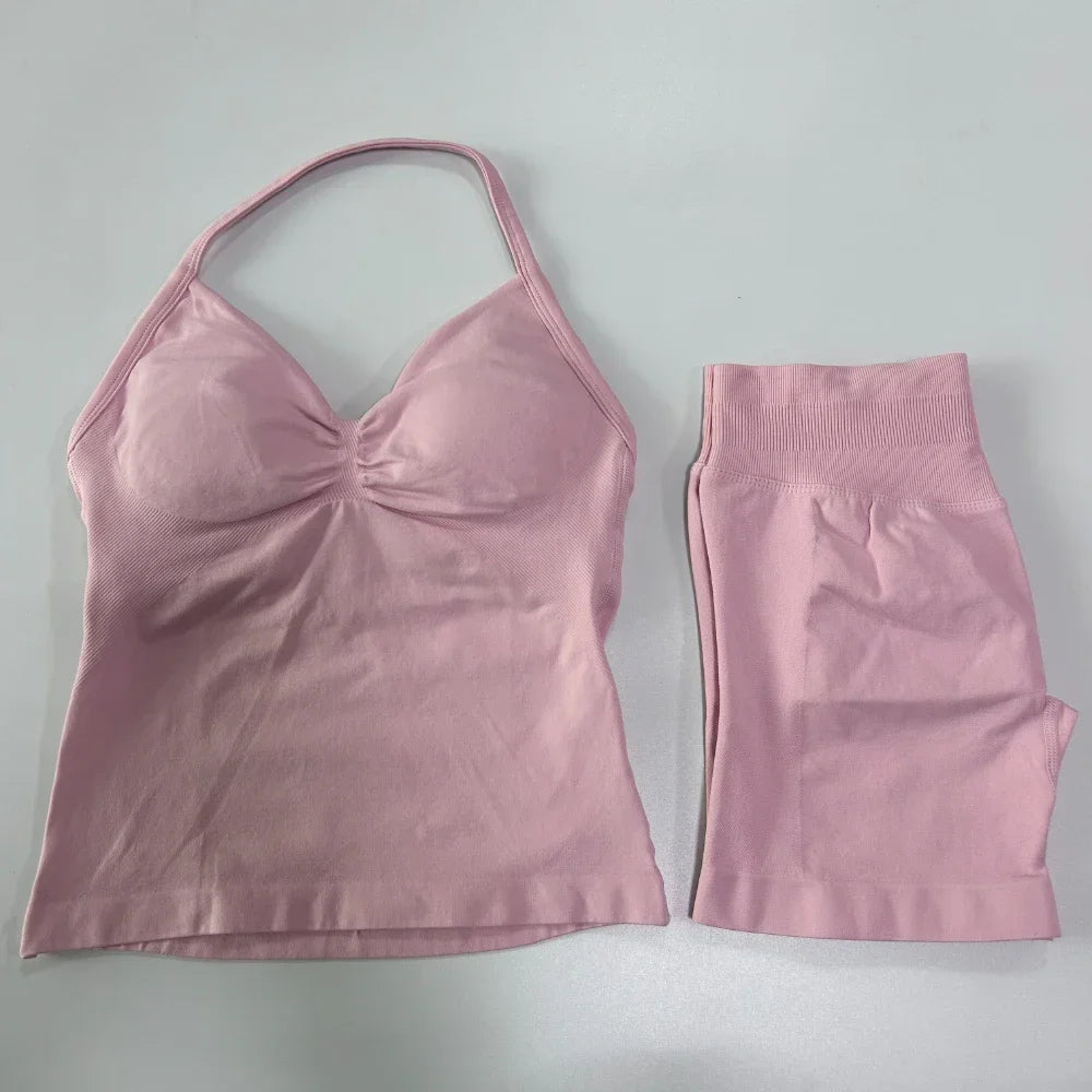 Yoga Set Women Seamless Tank Top High Waist Scrunch Shorts Gym Workout Set