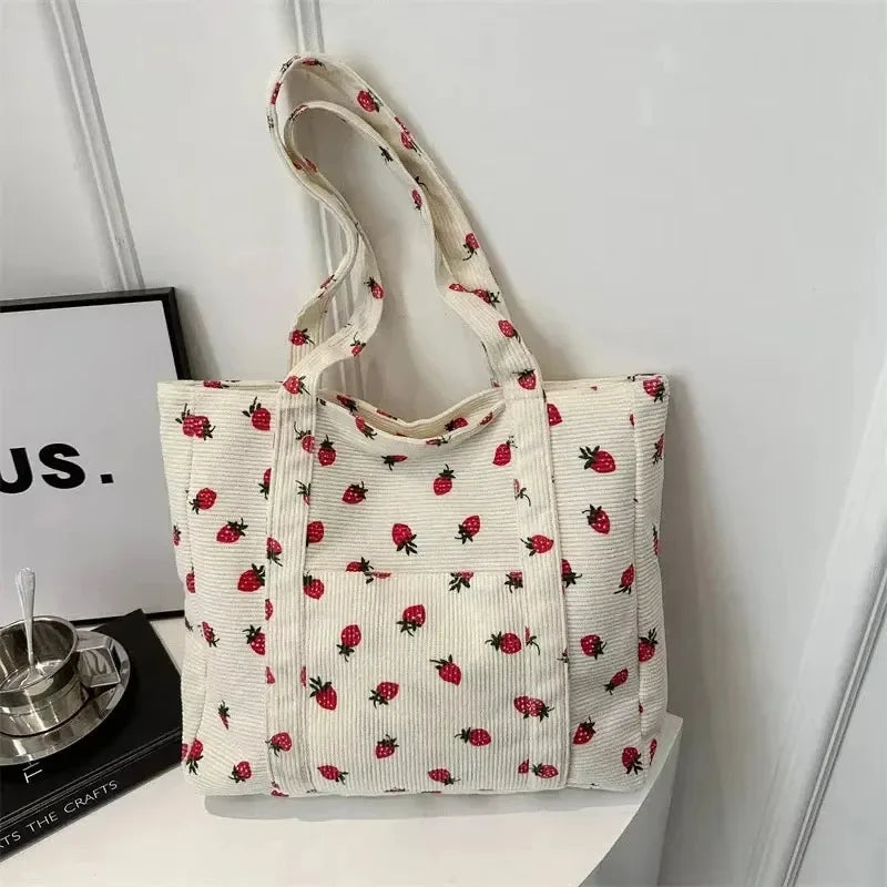 Women Corduroy Shoulder Tote Bag Strawberry Print Large Capacity Commuter Handbag