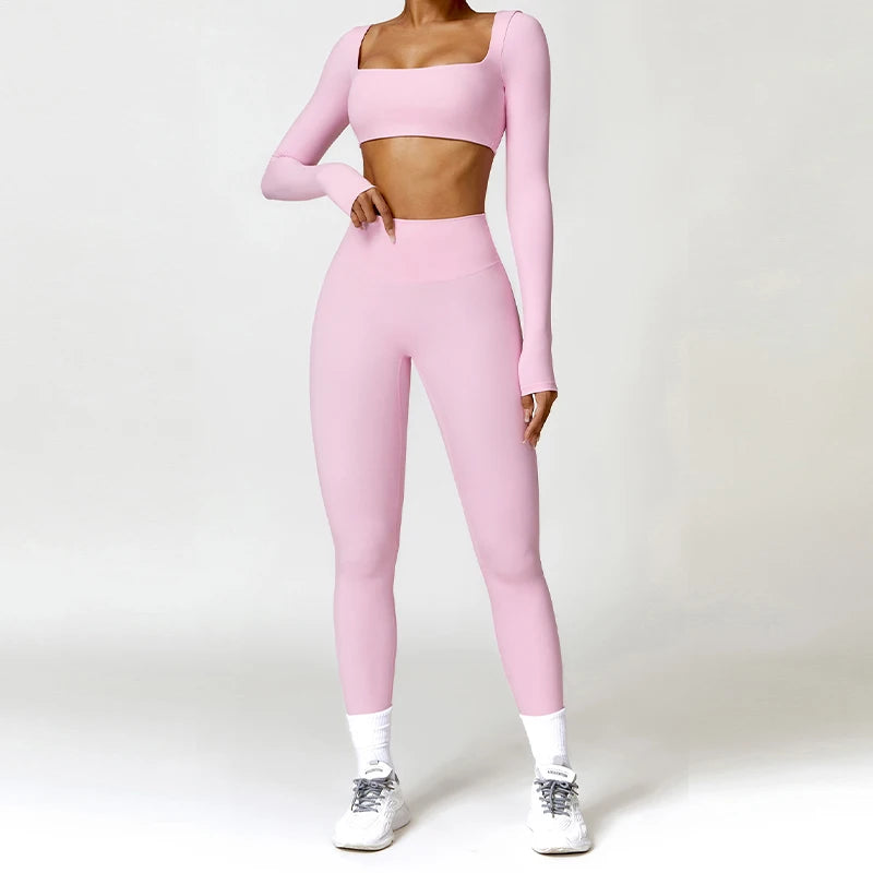 2PCS Seamless Yoga Set Women Long Sleeve Crop Top High Waist Leggings Workout Outfit