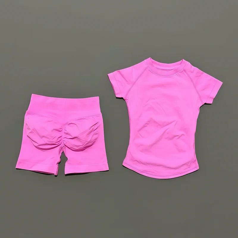 Women 2 Piece Gym Set Seamless Workout Outfit Shorts & Top Fitness Yoga Set
