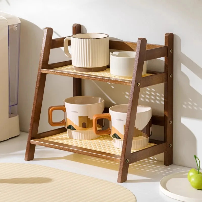 2 Tier Bamboo Countertop Organizer Coffee Cup Holder Multipurpose Storage Shelf