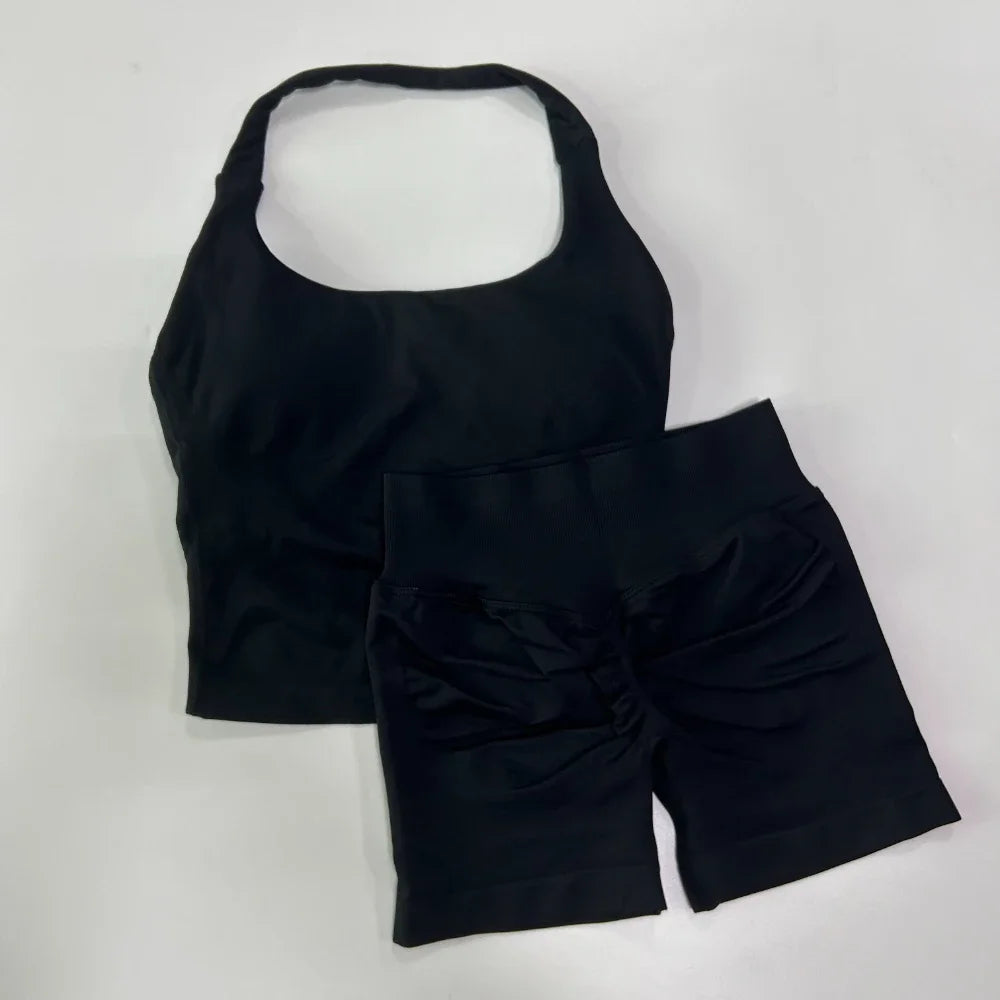 Seamless Yoga Set Women Halter Sports Bra High Waist Shorts Gym Workout Set