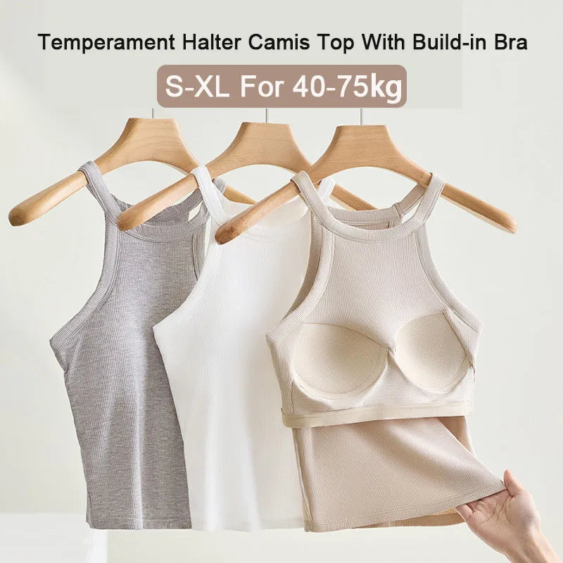 Women’s Halter Camisole Top with Built In Bra Slim Fit Breathable Tank