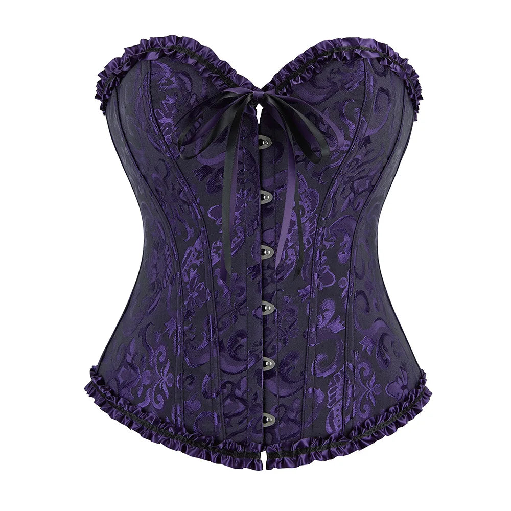 Women Floral Jacquard Corset Lace Up Bustier Top