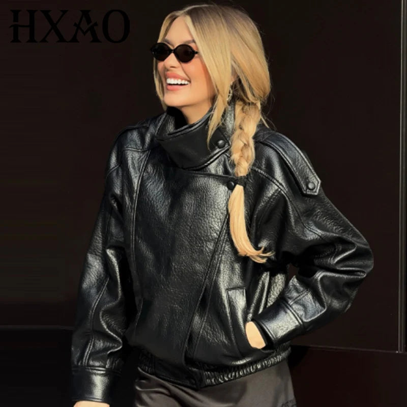 Women Black Cropped Faux Leather Bomber Jacket Oversize Zip Up Coat