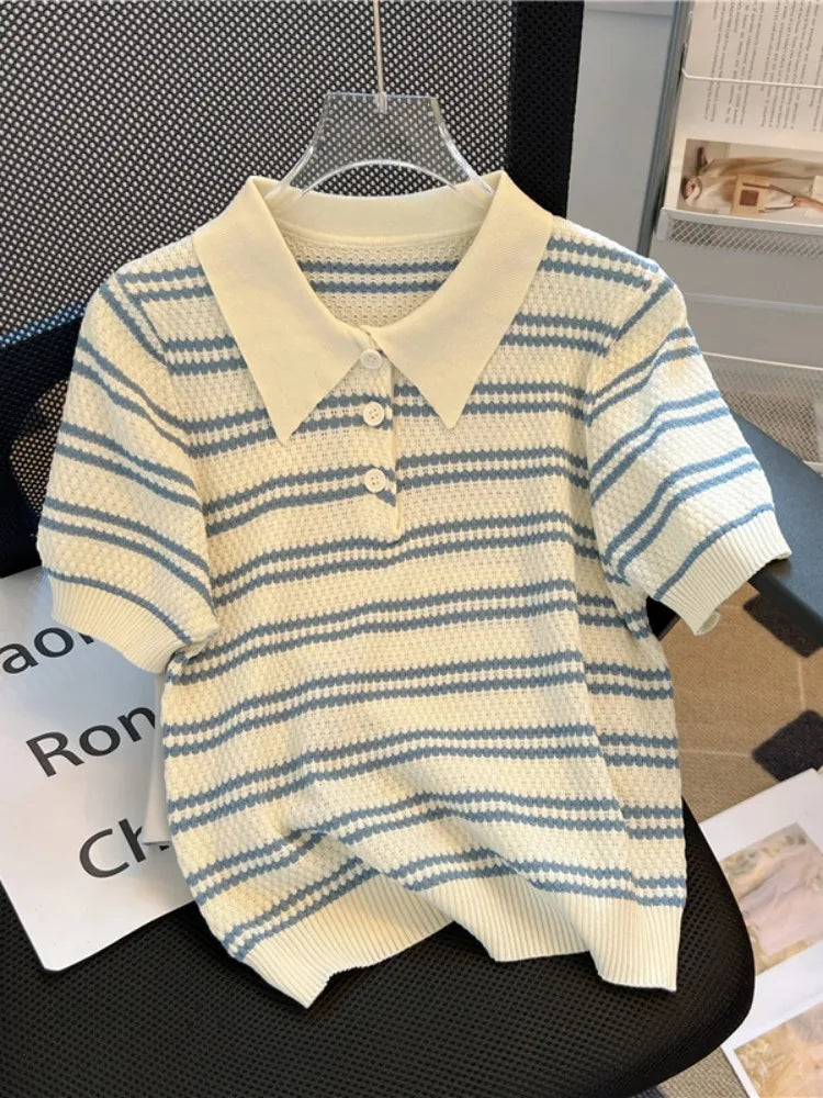 Women Striped Polo Knit T Shirt Short Sleeve Slim Fit Top