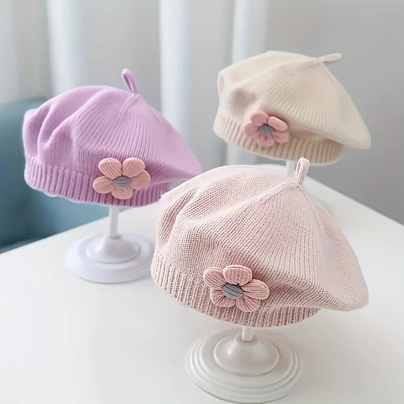 Baby Girl Flower Beret Warm Knit Beanie Hat