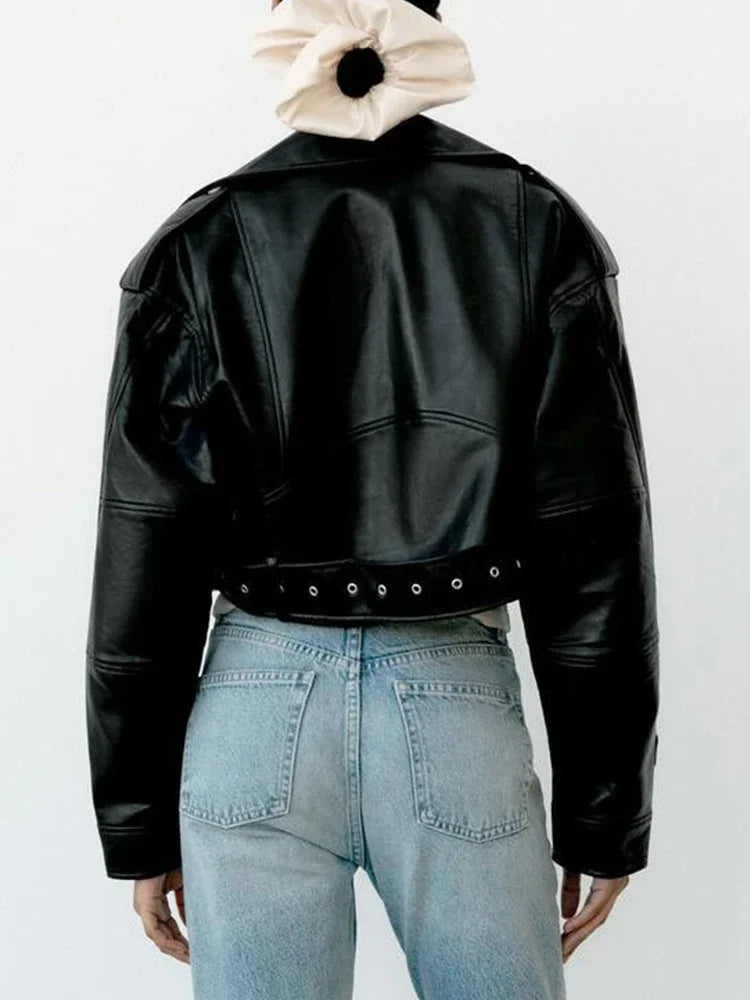 Women Oversized Faux Leather Jacket Belted Short Moto Biker Streetwear Coat