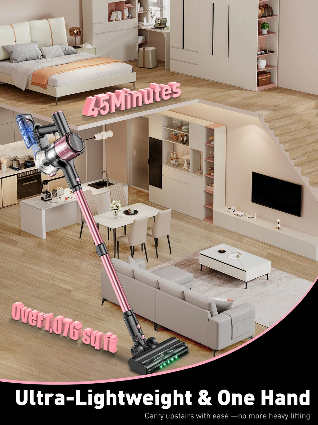 Cordless Stick Vacuum Cleaner 500W 55Kpa 45min Powerful for Pet Hair Carpet