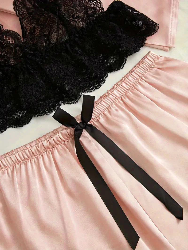 Women’s Pink Satin Pajama Set with Lace Robe Nightdress and Pants