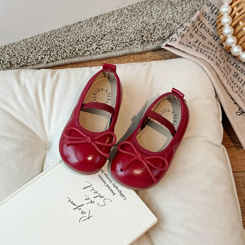 Girls Bow Leather Shoes Soft Sole Princess Flats for Kids