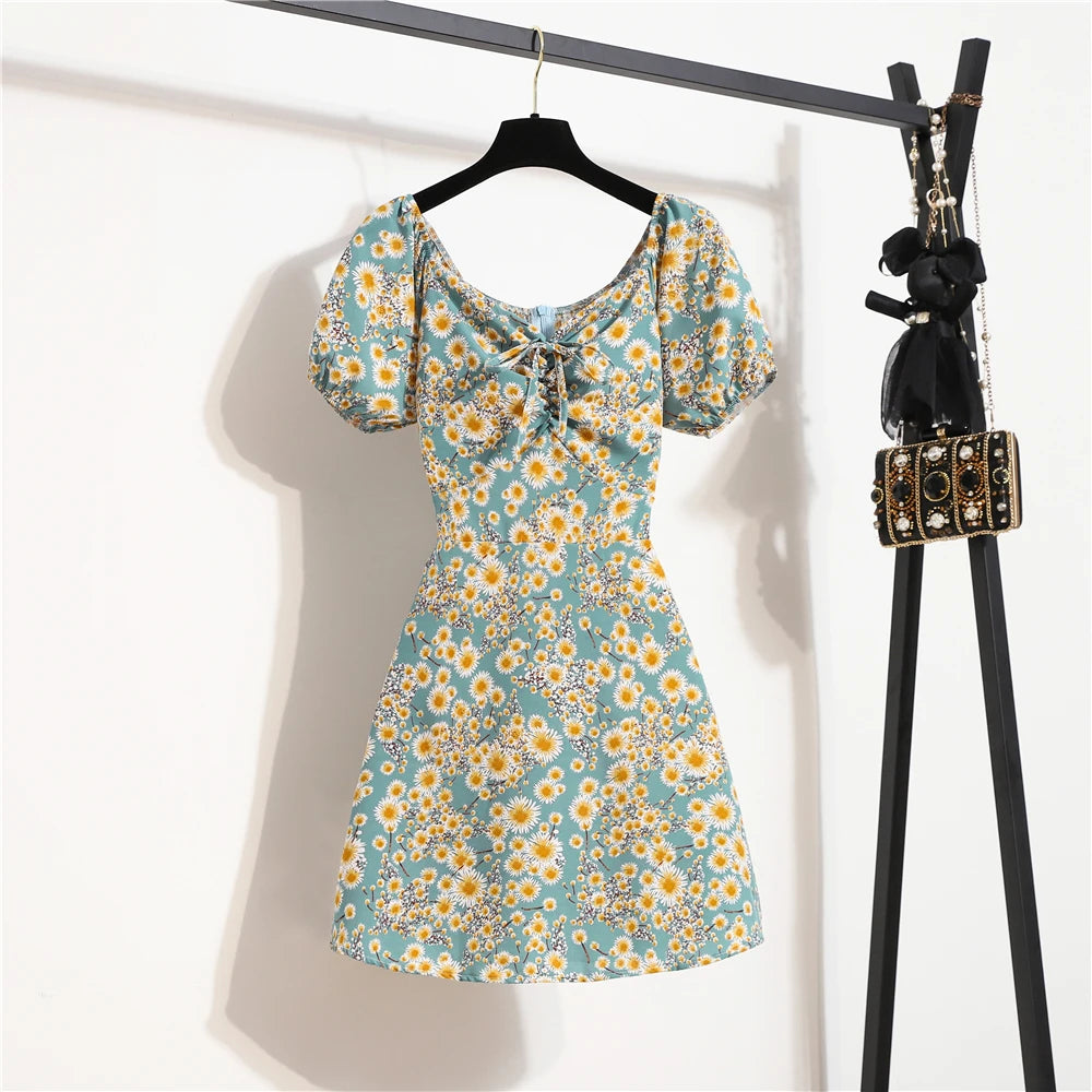 Women’s Floral Chiffon Mini Dress Summer Puff Sleeve Shirred Casual Dress