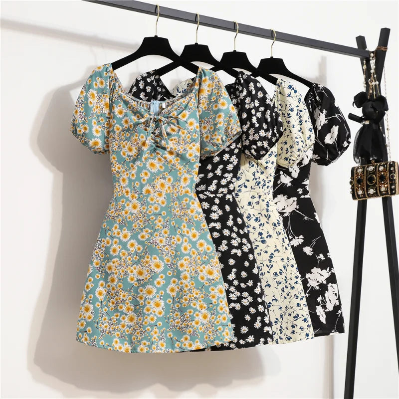 Women’s Floral Chiffon Mini Dress Summer Puff Sleeve Shirred Casual Dress