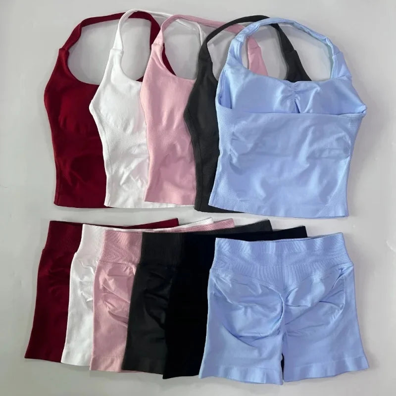 Yoga Set Women Seamless Tank Top High Waist Scrunch Shorts Gym Workout Set