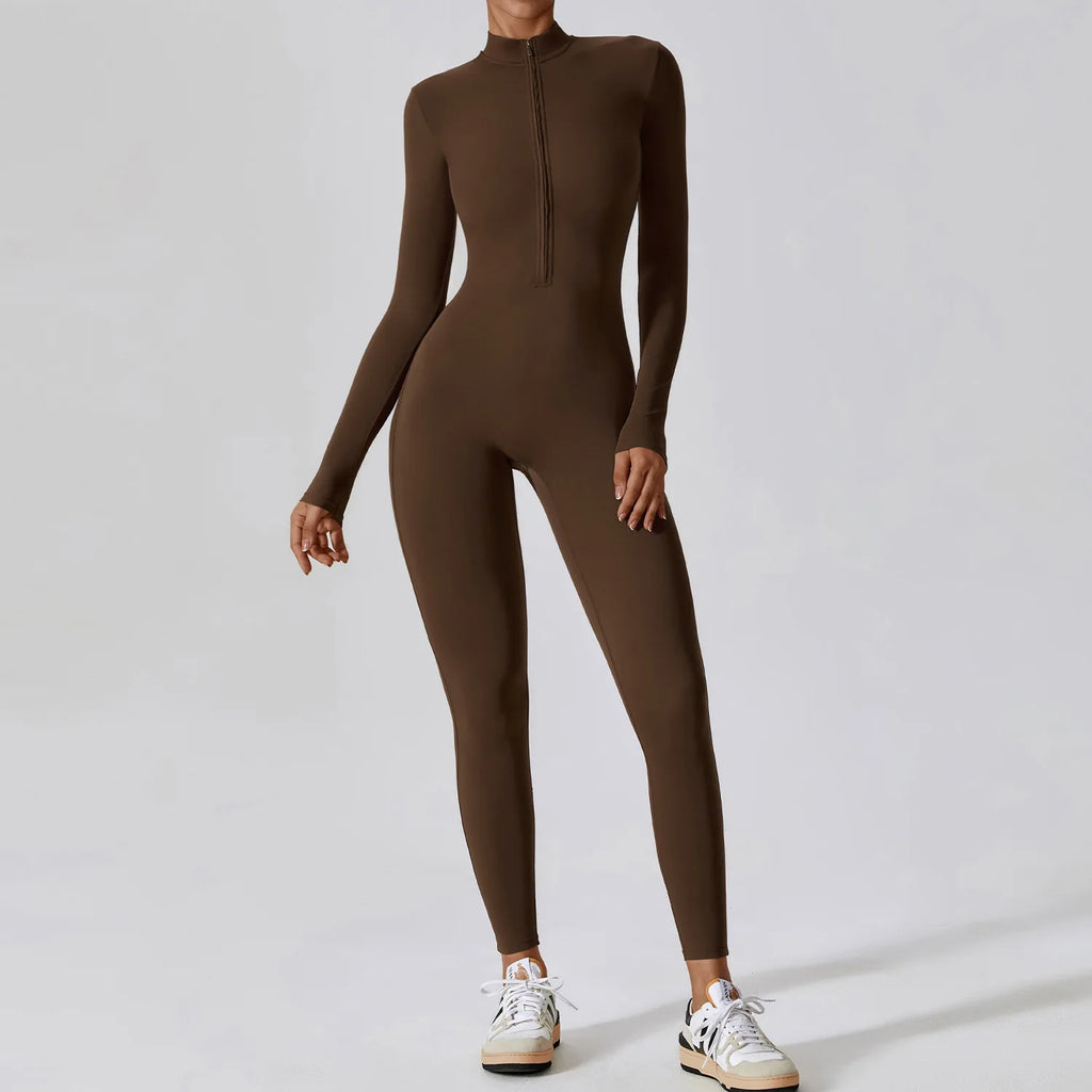 Women Long Sleeve Yoga Jumpsuit Zipper One Piece Fitness Workout Bodysuit Slim Fit