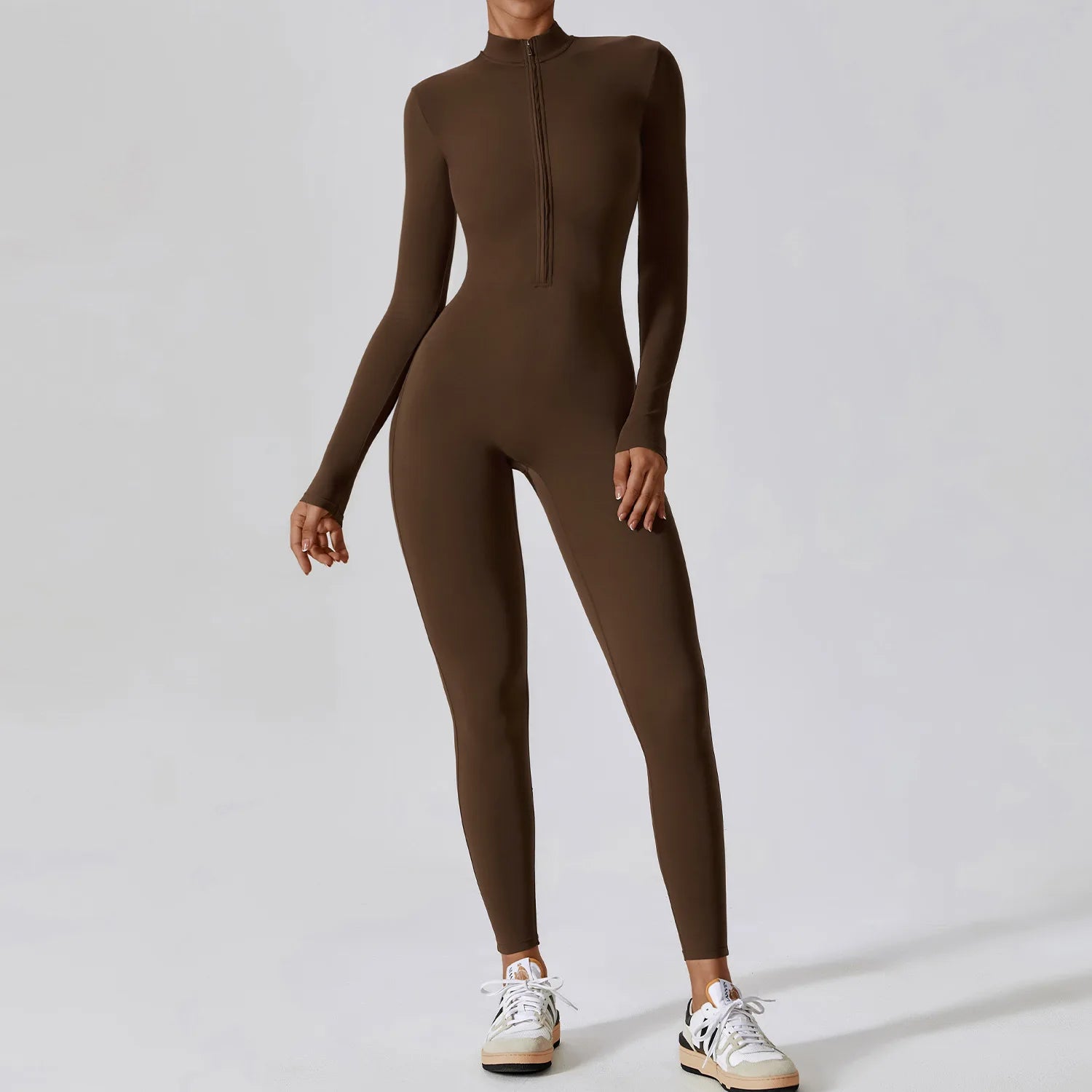 Women Long Sleeve Yoga Jumpsuit Zipper One Piece Fitness Workout Bodysuit Slim Fit