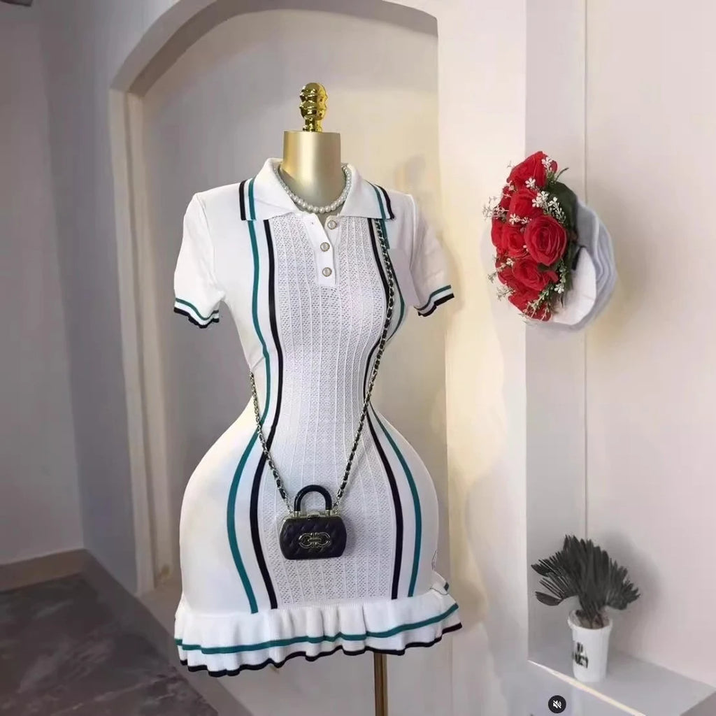 Women Knitted Mini Dress Turn Down Collar Ruffle Hem Slim Fit Summer Party Streetwear Dress