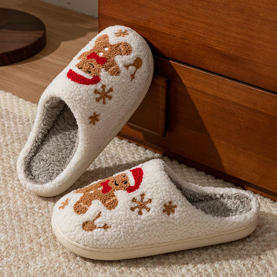 Christmas Plush Slippers Women Cozy Gingerbread Cute Winter Indoor Warm Soft Home Shoes