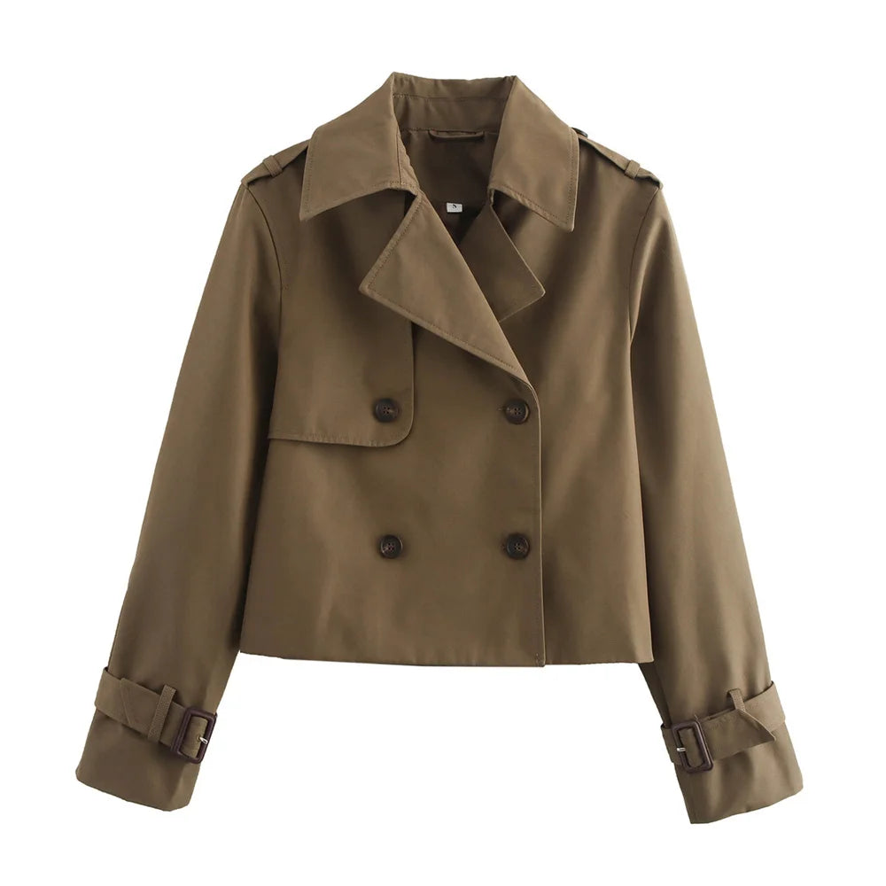 Women Cropped Trench Coat Vintage Double Breasted Long Sleeve Streetwear Jacket