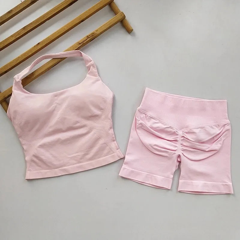 Seamless Yoga Set Women Halter Sports Bra High Waist Shorts Gym Workout Set