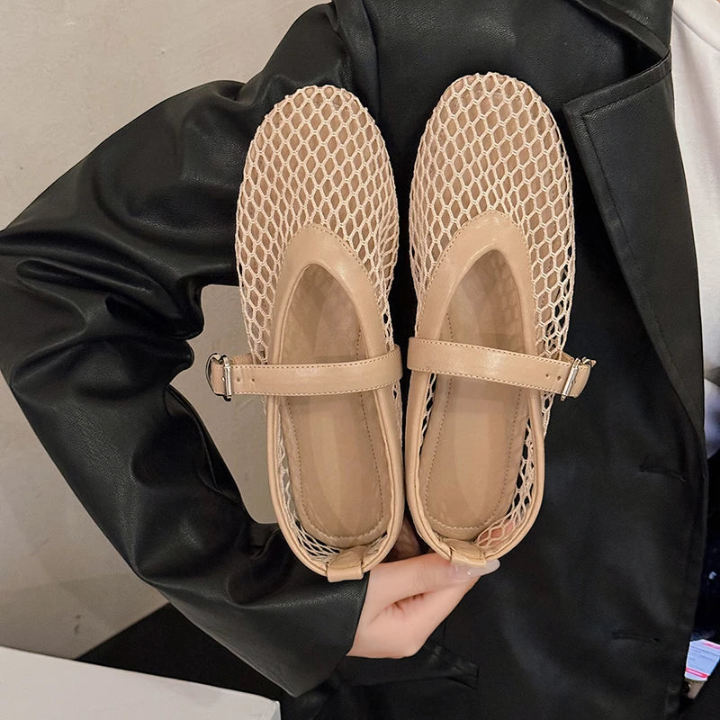 Women Cut Out Mary Jane Flats Round Toe Buckle Casual Comfortable Summer Shoes