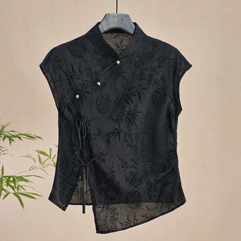 Women Chinese Style Jacquard Cheongsam Top Black Short Sleeve Retro Summer Shirt
