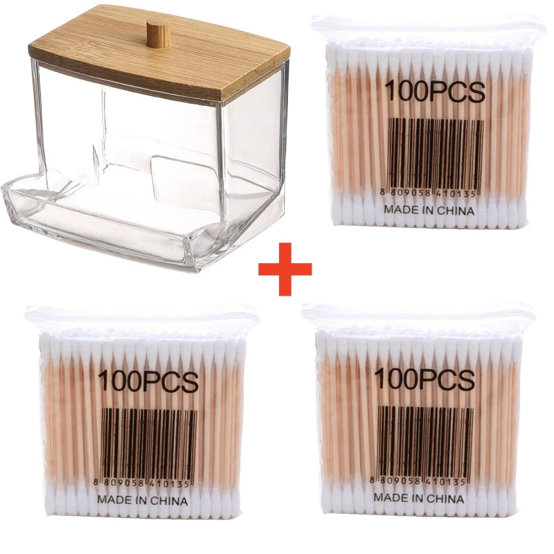 Cotton Swab Storage Box with Bamboo Lid